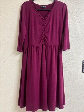 YATHON XL Burgundy Ruched Midi Dress Pockets Cottagecore Romantic